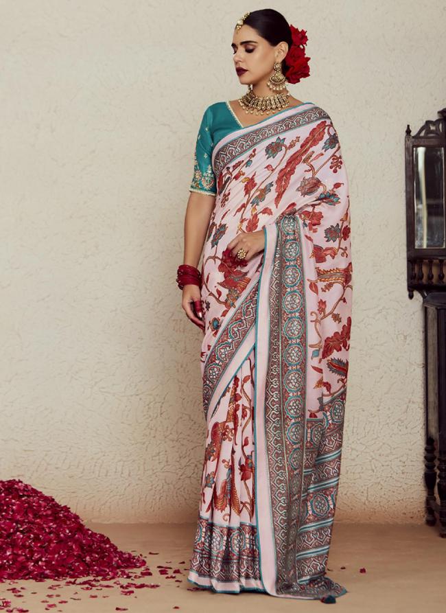 Soft Brasso Baby Pink Traditional Wear Printed Saree